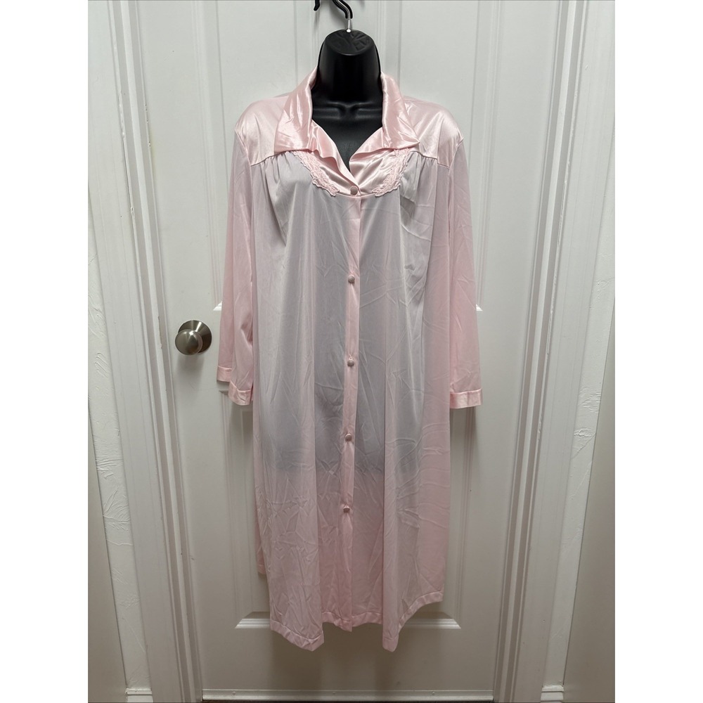 Vintage Vanity Fair Granny Core Robe Night Gown Pink Nylon Buttondown  - Size XL